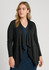 A black cardigan with a waterfall design, featuring long sleeves and an open front, worn over a navy dress.