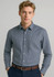 A long sleeve button-up shirt in navy blue and white check pattern, featuring a collar and buttons.
