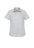 A short sleeve button-up shirt in a light grey colour with a collar and a logo.