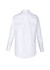 A white long sleeve button-up shirt with a collar and back pleat detail, featuring a logo on the fabric.