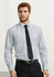 A light grey long sleeve button-up shirt with a pocket, worn with a black tie and trousers. It features a logo.