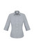 A button-up women's shirt in a grey and white gingham pattern with 3/4 sleeves and a collar.