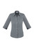 A women's button-up shirt in grey with 3/4 sleeves and a fitted design. It features a collar and buttons down the front.