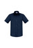 A navy short sleeve button-up shirt featuring a collar and a chest pocket, with a logo on the tag.