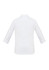 A white women's button-up shirt with a 3/4 sleeve design and a simple back detail. It features a logo.