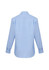 A light blue men's button-up shirt with long sleeves and a classic collar, featuring a logo on the back.