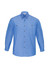 A blue chambray long sleeve shirt with button-up front and two chest pockets. Features branded buttons.