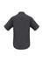 A plain black short sleeve button-up shirt with a collar and back yoke design. Features a logo tag at the side.
