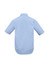A light blue short sleeve button-up shirt with a back yoke and curved hem. Features a logo on the back.