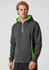 A grey unisex hoodie with a green lining and accents, featuring a zippered neckline and pockets. It has a logo.