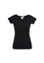 A black women's short sleeve tee with a V-neck design and a fitted silhouette. It features a logo.