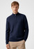 A navy blue wool pullover with a zip neck and ribbed texture, featuring a model wearing it.