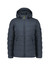 A dark grey unisex hooded puffer jacket with a zip front and side pockets, featuring a logo on the sleeve.