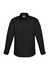 A black long sleeve button-up shirt featuring two chest pockets and a sleeve logo.