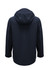 A dark navy rain jacket featuring a hood and a simple, sleek design. It has a logo on one sleeve.