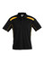 A black short sleeve polo shirt featuring yellow accents and a logo on the chest.