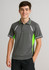 A grey short sleeve polo shirt with bright green accents, featuring a logo on the chest.