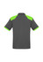 A grey polo shirt with bright green accents on the shoulders and sleeves, featuring a logo.