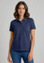 A navy blue women's polo shirt with a short sleeve and a collar, featuring a logo on the chest.