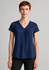 A navy blue V-neck pleat blouse with short sleeves, featuring a subtle pleat detail at the front.