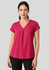 A women's V-neck pleat blouse in vibrant pink, featuring short sleeves and a relaxed fit.