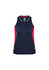 A navy and red sleeveless singlet featuring a logo, with contrasting side panels and a sporty design.