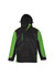 A unisex jacket in black with green accents and a hood, featuring a logo on the front.