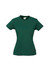 A green women's short sleeve T-shirt with a fitted design and a logo on the label area.