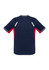 A navy blue short sleeve tee with red accents and reflective detailing, featuring a logo on the back.