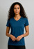 A women's polo shirt in a deep blue colour, featuring short sleeves and a v-neck design, with a logo.