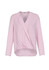 A light pink women's blouse with a hi-lo hem and long sleeves, featuring a wrap design and a logo.