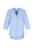 A light blue women's longline button-up blouse with three-quarter sleeves and a rounded hemline.