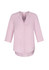 A pink women's longline blouse with a button-up front and three-quarter sleeves. Features a branding logo.