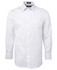 A white long-sleeve button-up shirt with a chest pocket and a collar. The shirt features a branding logo.