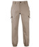 Khaki cargo joggers with multiple pockets and elastic cuffs. Features a logo on the fabric.