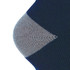 A close-up of a dark blue sock with a grey ribbed cuff, featuring a logo.