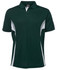 A dark green polo shirt with white accent panels and a collar. It features a logo on the chest area.