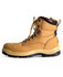 A tan lace-up safety boot with a sturdy sole and metal eyelets, featuring a brown heel and branding.