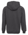 A dark grey hoodie with a hood and raglan sleeves, featuring a logo on the back.