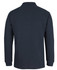 A dark navy long-sleeve polo shirt with a classic collar, featuring a subtle logo.