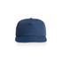 A navy blue cap featuring a flat brim and a structured design, with a logo on the front.