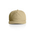 A beige cap featuring a curved brim and a back adjustable strap, with a logo on the front.