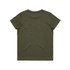 A plain olive green children's T-shirt with short sleeves and a simple design. Features a logo on the back.
