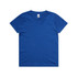 A blue children's t-shirt with a round neckline and short sleeves, featuring a branding label inside.
