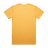 A plain yellow t-shirt with a standard crew neckline and short sleeves, featuring a logo on the back.