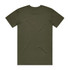 A plain olive green t-shirt with a crew neckline and short sleeves, featuring a logo on the back.