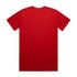 A red classic tee with short sleeves and a plain back. It features a logo on the fabric.