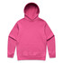 A pink hoodie with a front pocket and a drawstring hood. It features a logo on one side.
