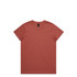 A plain rust-coloured T-shirt with a crew neckline and short sleeves, featuring a brand logo on the label.