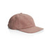 A pink cord cap with a curved brim and a textured fabric. The cap also features a logo.